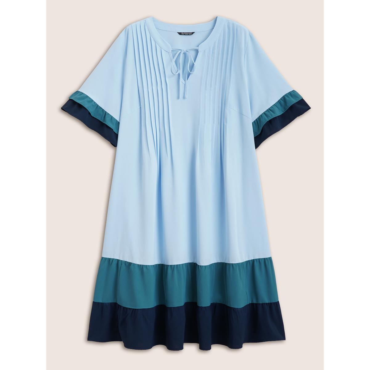 Plus Size Colorblock Contrast Tie Knot Ruffles Dress DarkBlue Women Casual Tucked seam Notched collar Half Sleeve Curvy BloomChic 12/L Product Image