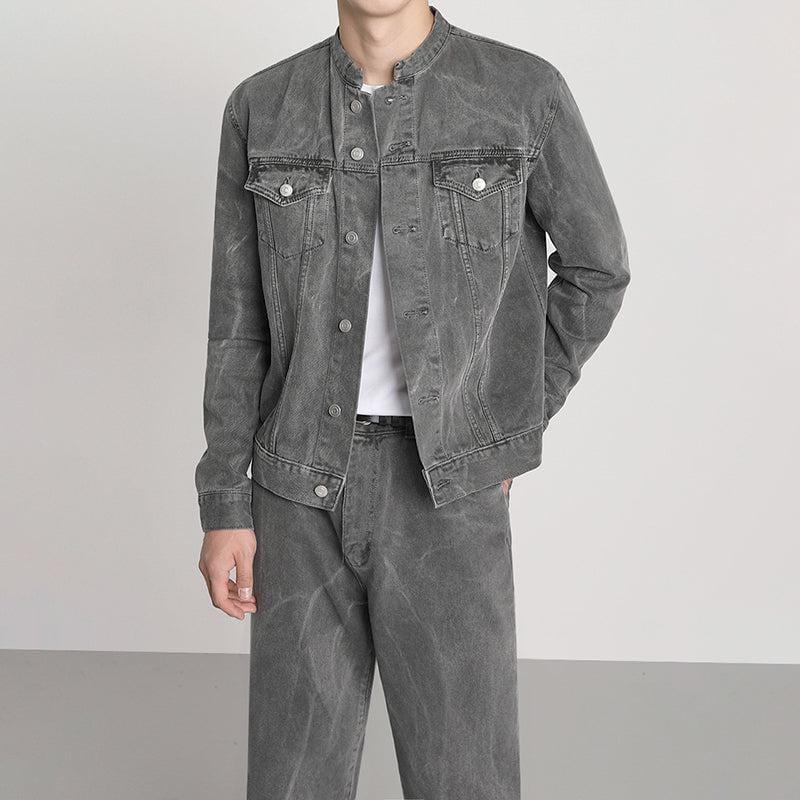 RT No. 5571 GRAY MANDARIN COLLAR DENIM JK & WIDE STRAIGHT JEANS Product Image