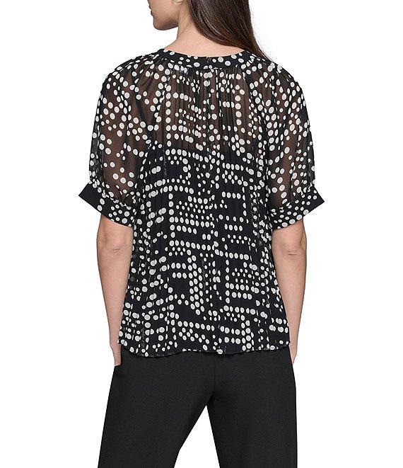 KARL LAGERFELD PARIS Dot Print Pleated Crew Neck Short Sleeve Blouse Product Image