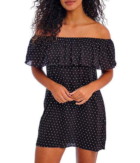 Freya Jewel Cove Dotted Print Off-the-Shoulder Swim Cover-Up Shift Dress Product Image