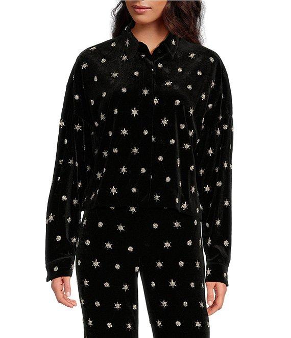Chelsea & Violet Allegra Velvet Beaded Stars Point Collar Button Front Long Sleeve Cropped Blouse Product Image