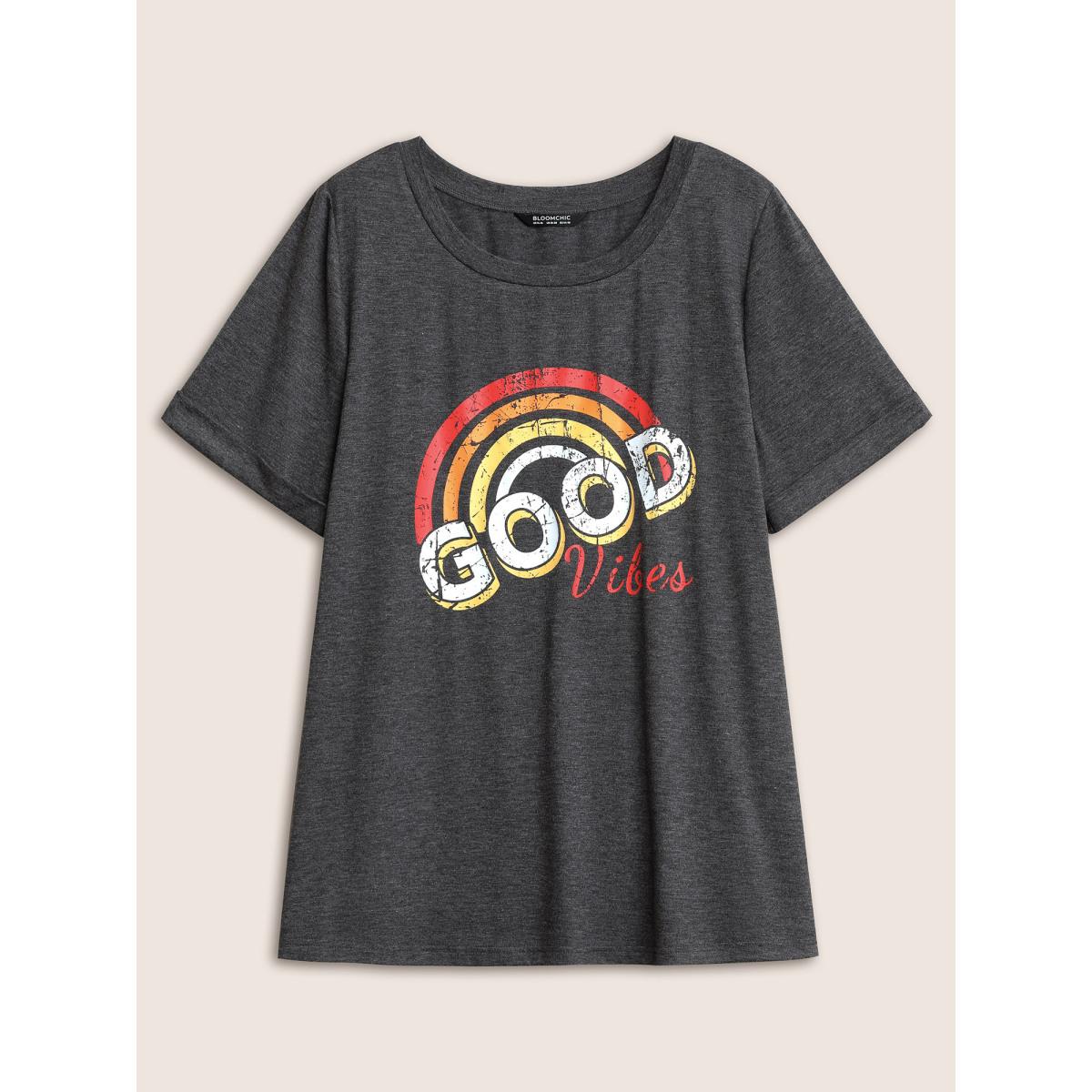 Plus Size Vintage Rainbow Print Crew Neck T-shirt DimGray Women Casual Positive slogan Round Neck Everyday T-shirts BloomChic 26/4X Product Image