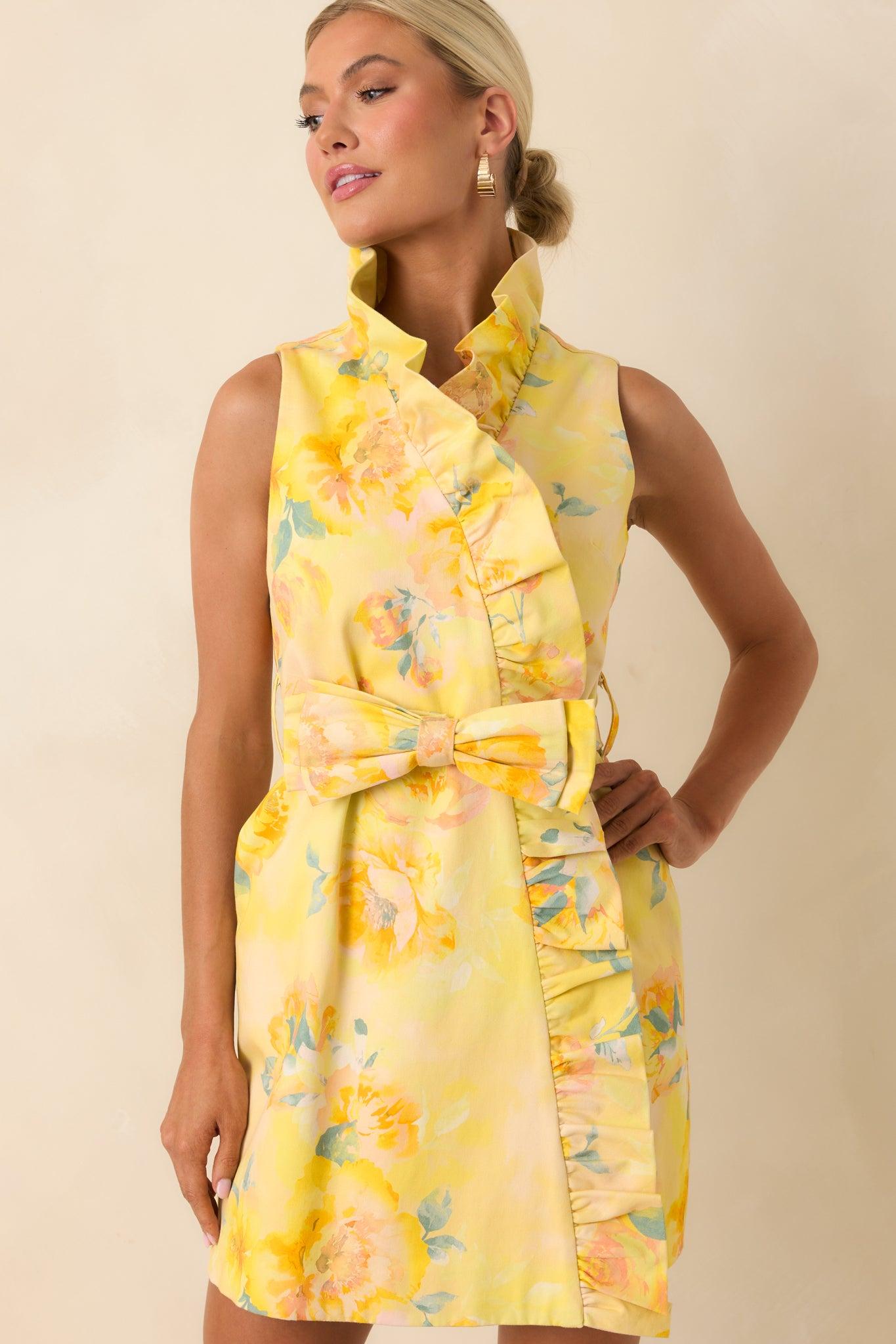 Prosperina Lilly Butter Yellow Multi Floral Silky Ruffle Mini Dress Product Image