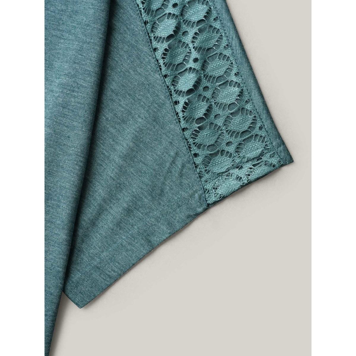 Plus Size Lace Sleeve V-Neck T-Shirt Cyan Women Casual See through V-neck Everyday T-shirts BloomChic 22-24/3X Product Image