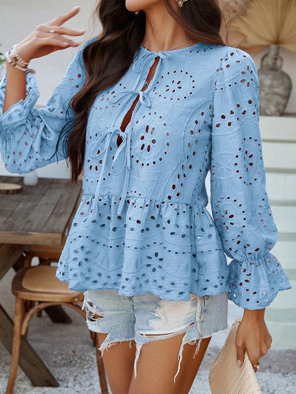 Long Sleeves Loose Elasticity Hollow Pleated Solid Color Tied Round-Neck Blouses&Shirts Tops Product Image