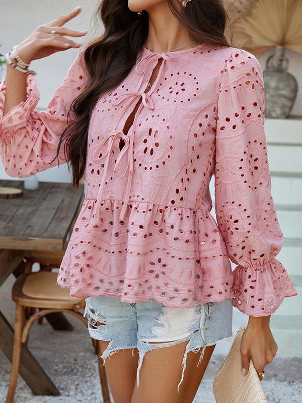 Long Sleeves Loose Elasticity Hollow Pleated Solid Color Tied Round-Neck Blouses&Shirts Tops Product Image