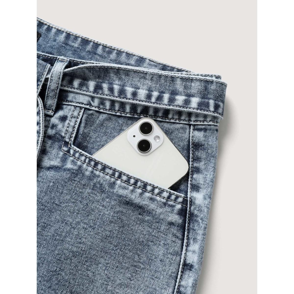 Plus Size Waist Belted Pockets Boyfriend Jeans Women Midblue Leisure Low stretch Slanted pocket Jeans BloomChic 30/6X Product Image