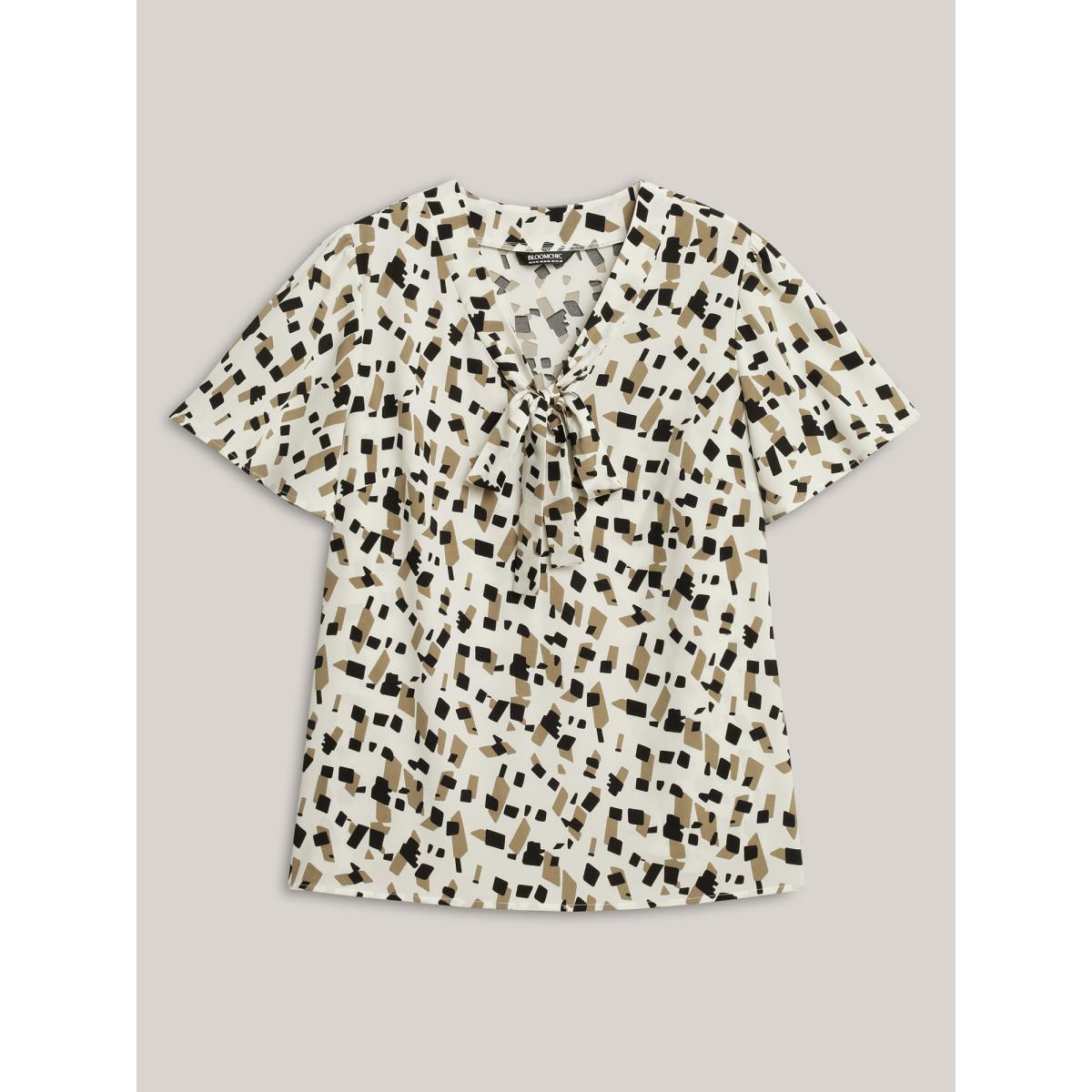 Plus Size Beige Geometric Print Ribbon Collar Blouse Women Short sleeve Ribbon-tied collar Everyday-Elegant Blouses BloomChic 18-20/2X Product Image