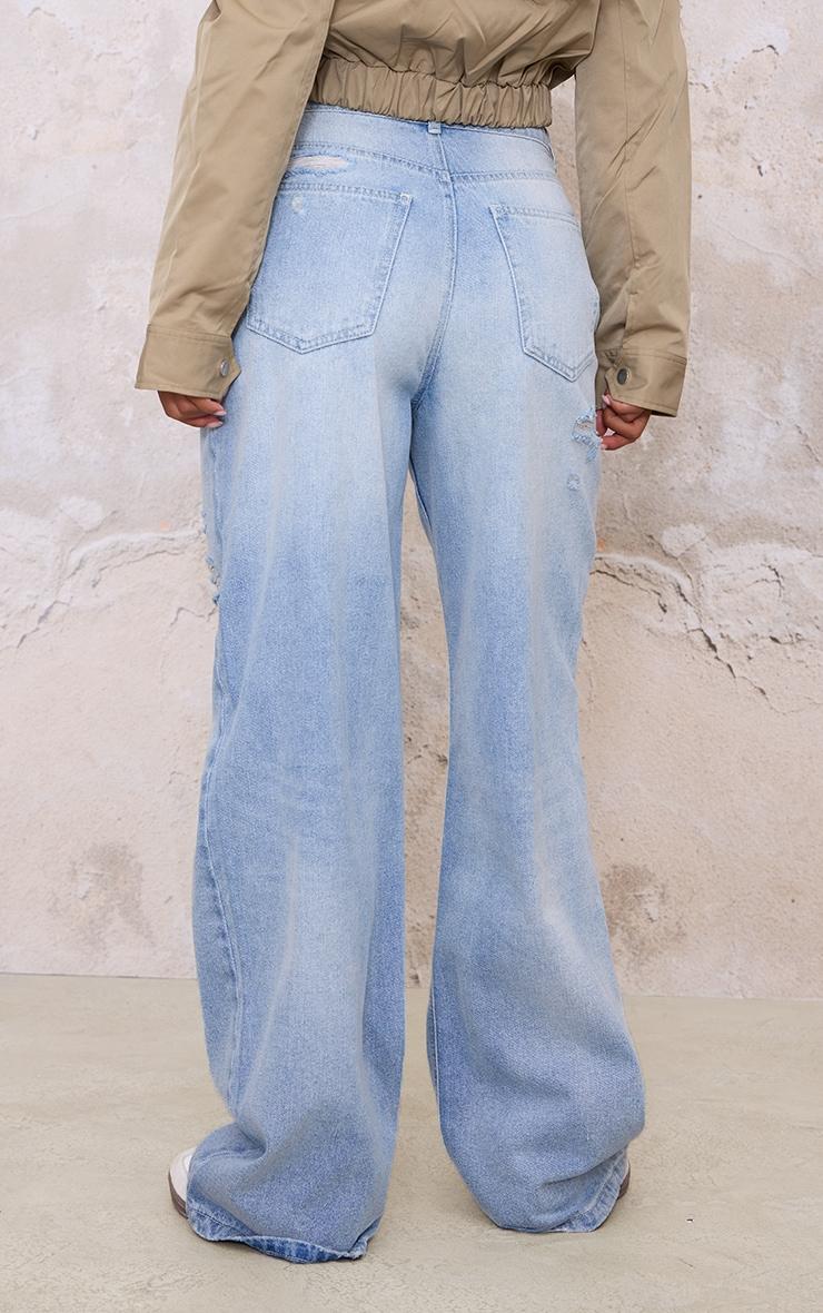 Blue Distressed Detail Wide Leg Jeans Product Image