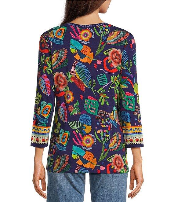 JOHNNY WAS Janie Favorite Farout Floral Scarf Print Bamboo Knit V-Neck 3/4 Sleeve Tee Product Image
