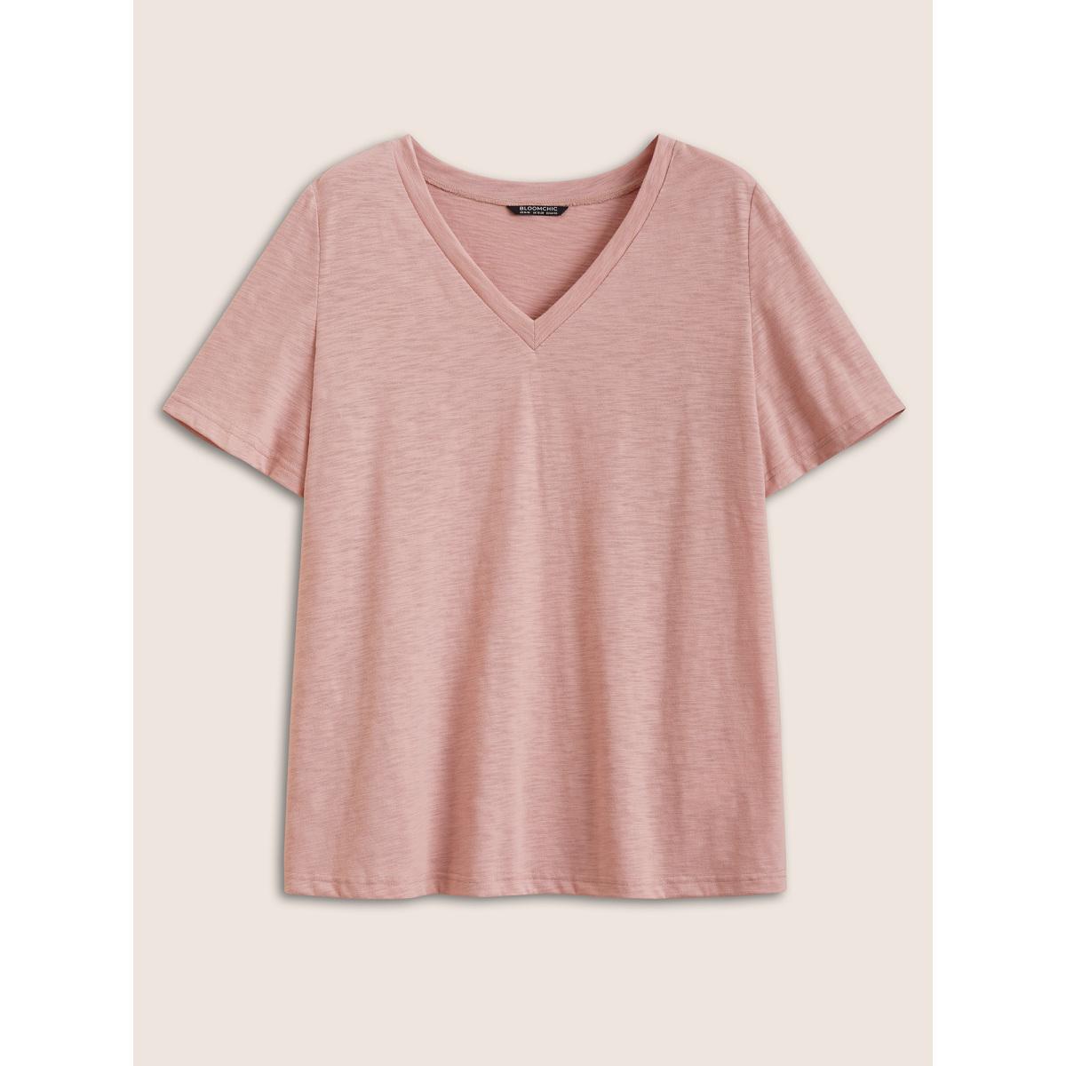 Plus Size V Neck Heather Cotton Blended T-shirt Pink Women Casual V-neck Everyday T-shirts BloomChic 18-20/2X Product Image