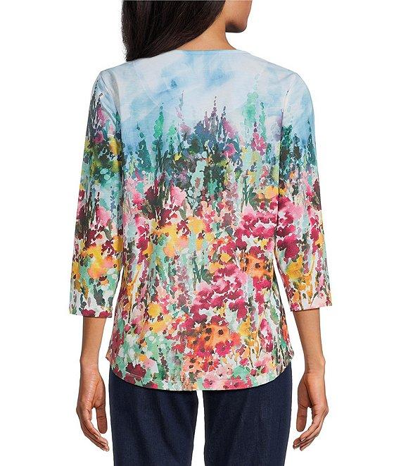 Allison Daley Rhubarb Floral Vale Print Embellished 3/4 Sleeve Crew Neck Knit Top Product Image