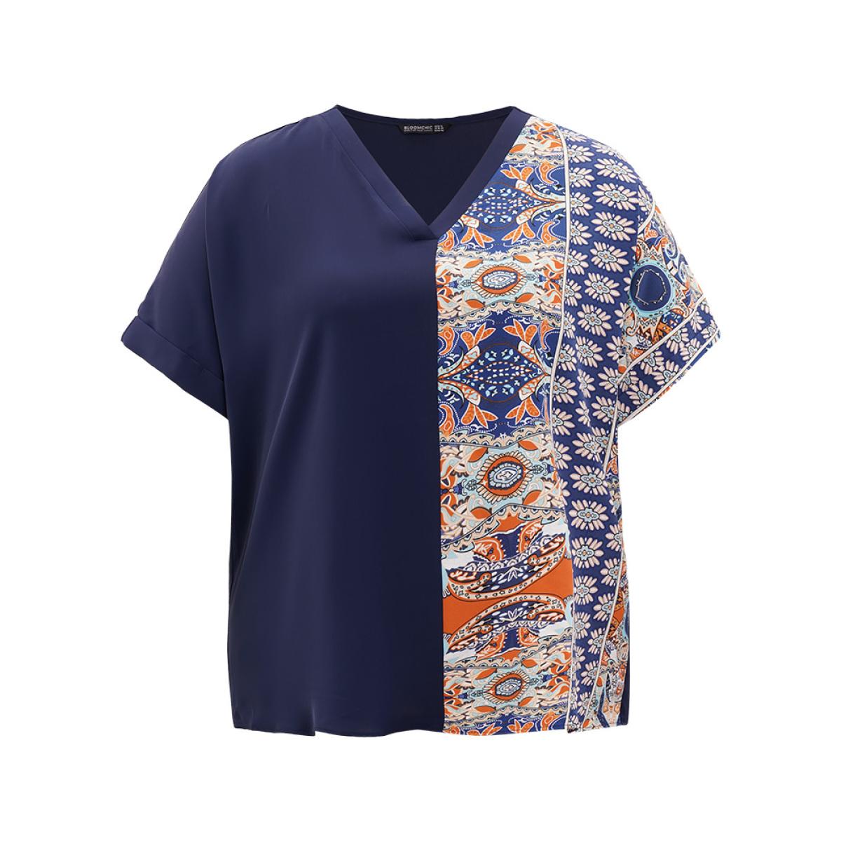 Plus Size Indigo Bandana Print Patchwork Contrast Roll Batwing Sleeve Blouse Women Vacation Short sleeve V-neck Dailywear Blouses BloomChic 28/5X Product Image