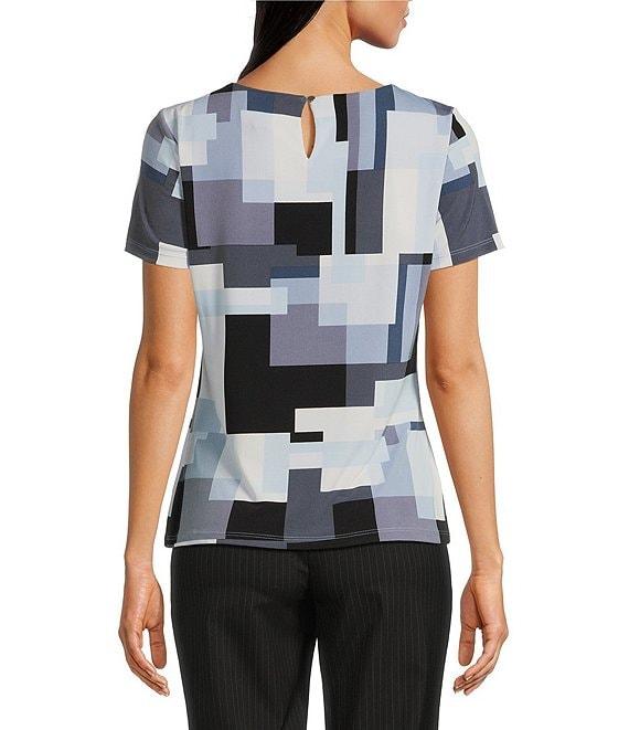Calvin Klein Printed Matte Jersey Pleated Crew Neck Short Sleeve Fitted Blouse Product Image