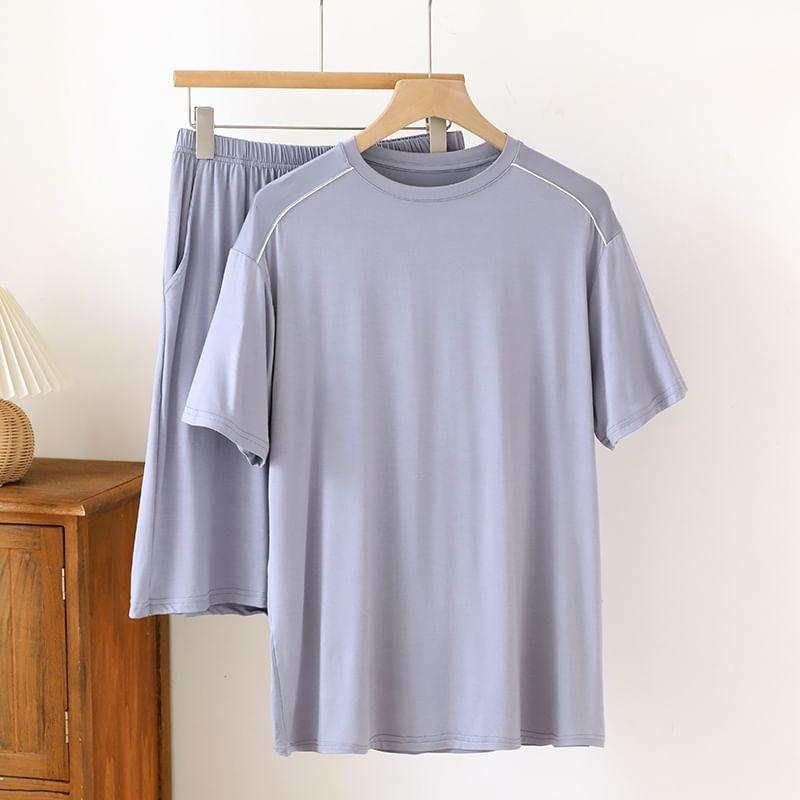 Pajama Set: Short-Sleeve Round Neck Two Tone T-Shirt + Lounge Shorts Product Image