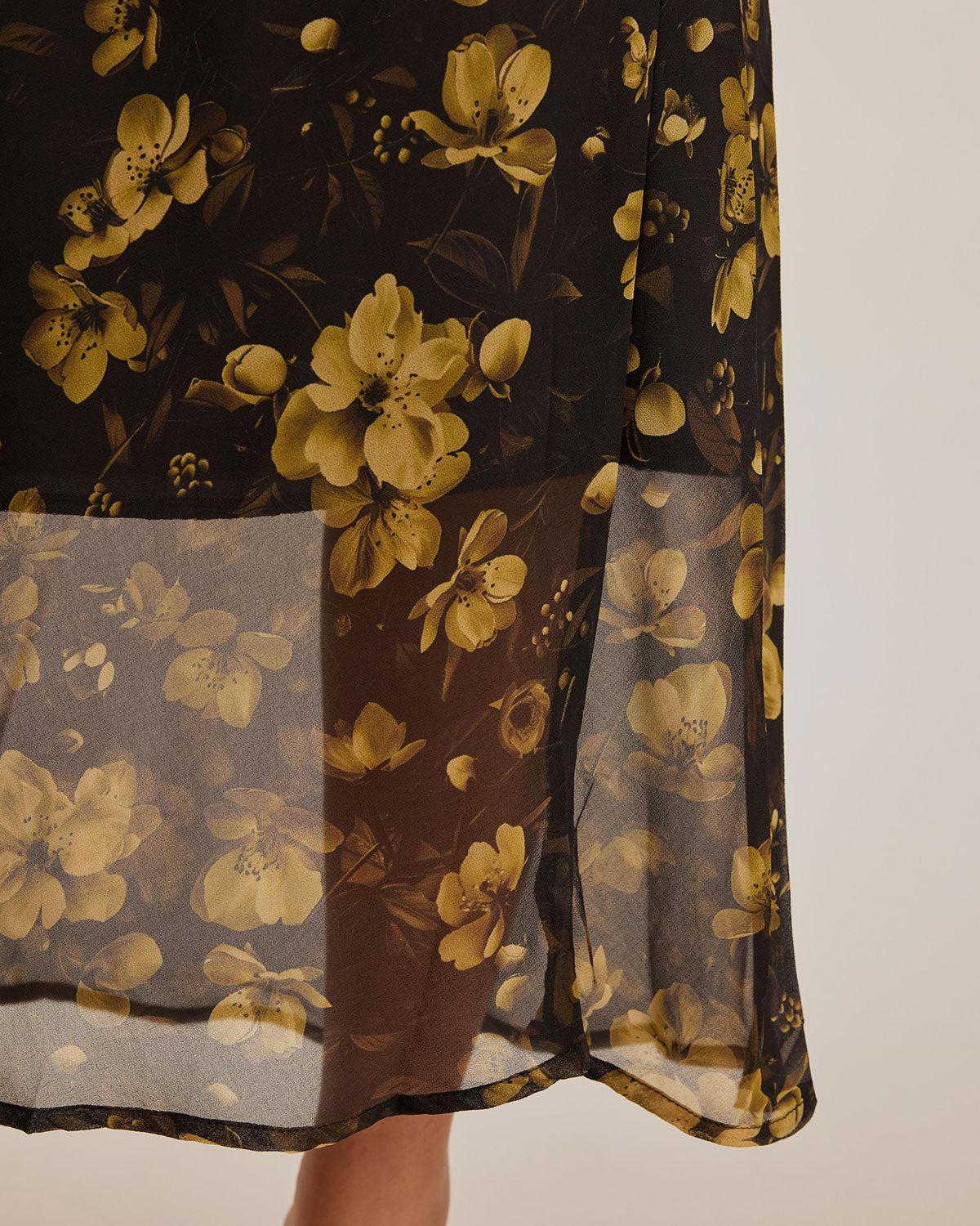 Black Floral Chiffon V Neck Maxi Dress Product Image