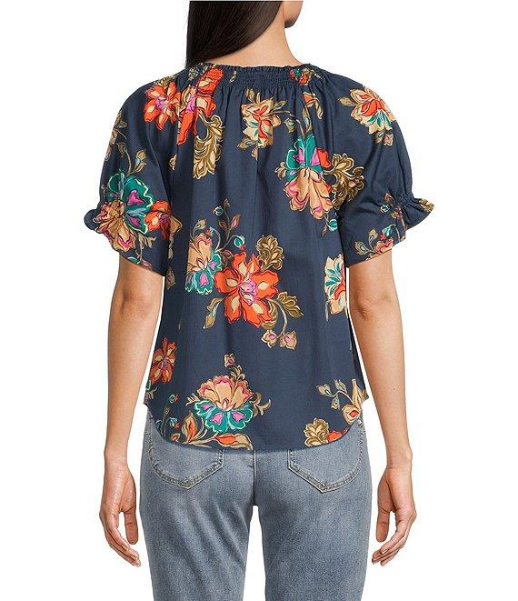 Democracy Petite Size Woven Floral Split Smock Neck Short Sleeve Top Product Image