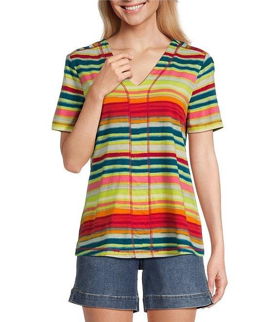 Westbound Shimmering Stripe Short Sleeve V-Neck Top Product Image