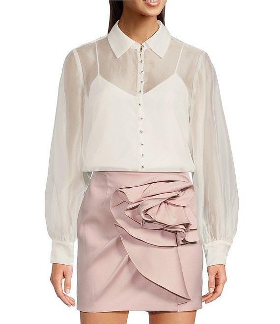Muse by Marchesa Daisy Organza Point Collar Neck Long Sleeve Button Up Blouse Product Image