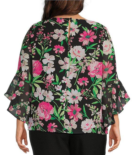 Kasper Plus Size Floral Chiffon Crew Neck 3/4 Ruffle Sleeve Blouse Product Image