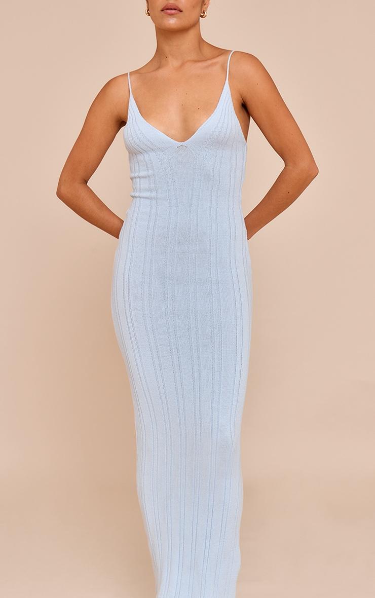 Petite Blue Strappy Knitted Stitch Detail Maxi Dress Product Image