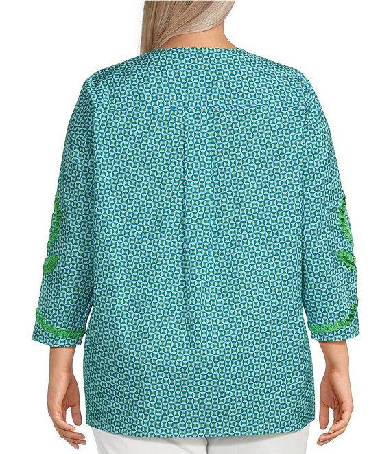 Calessa Plus Size Embroidered Retro Printed Split V-Neck 3/4 Sleeve Tunic Product Image