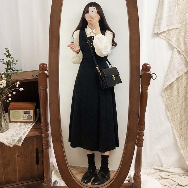 Plain Long-Sleeve Blouse / Midi A-Line Overall Dress Product Image