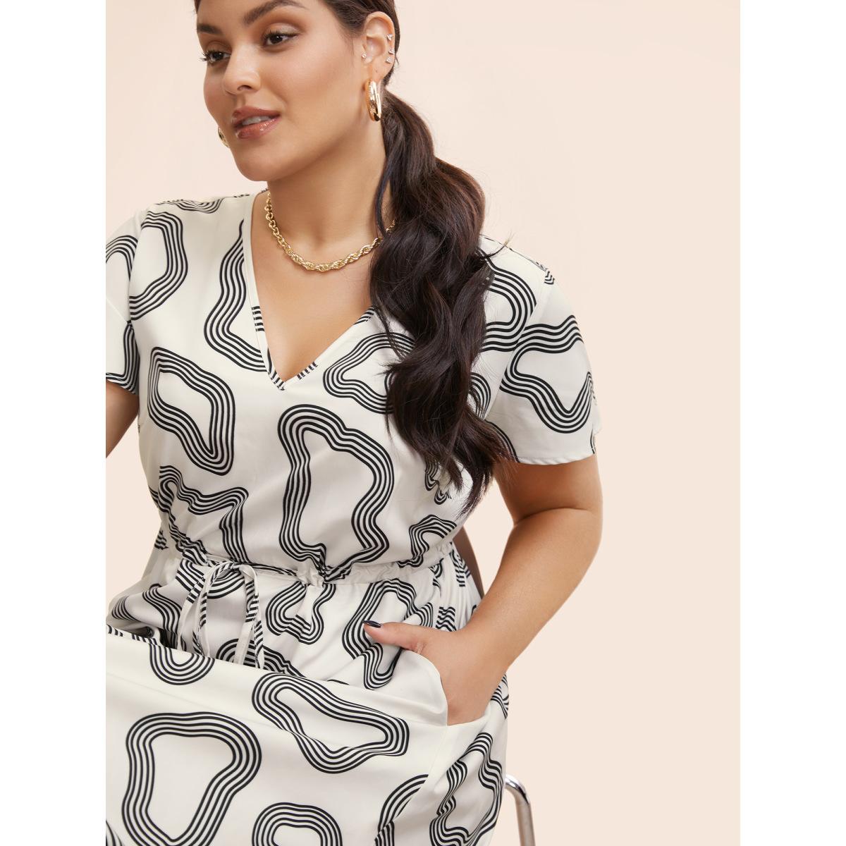 Plus Size V Neck Geometric Drawstring Midi Dress Beige Women Workwear Essentials Drawstring V-neck Short sleeve Curvy BloomChic 22-24/3X Product Image