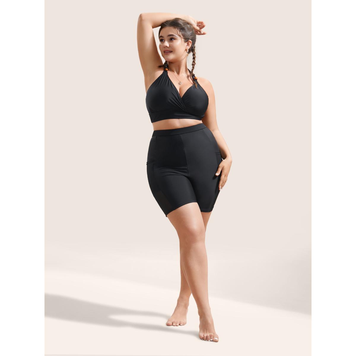 Plus Size Plain Mesh Patchwork Patched Pocket Swim Bottoms Women's Swimwear Black Resort See through High stretch Skinny High Rise Slanted pocket Curve Swim Bottoms BloomChic 22-24/3X Product Image