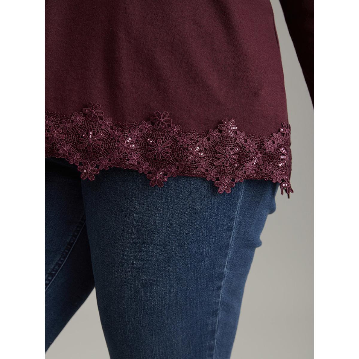 Plus Size Lace Panel Hem Long Sleeve T-shirt Maroon Women Elegant Plain Plain V-neck Dailywear T-shirts BloomChic 18-20/2X Product Image