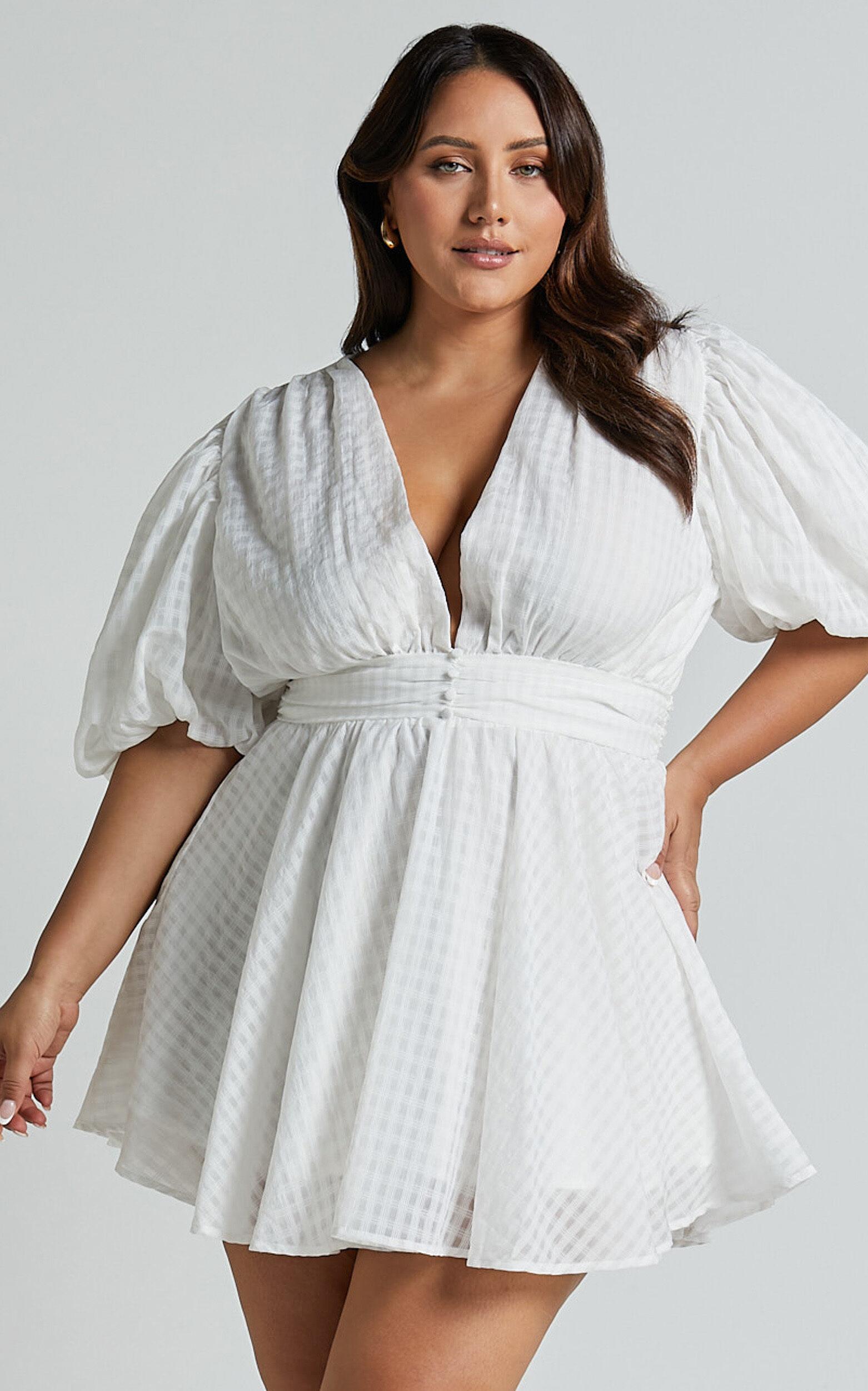 Xandy Mini Dress - Textured Puff Sleeve Plunge Dress in White Product Image