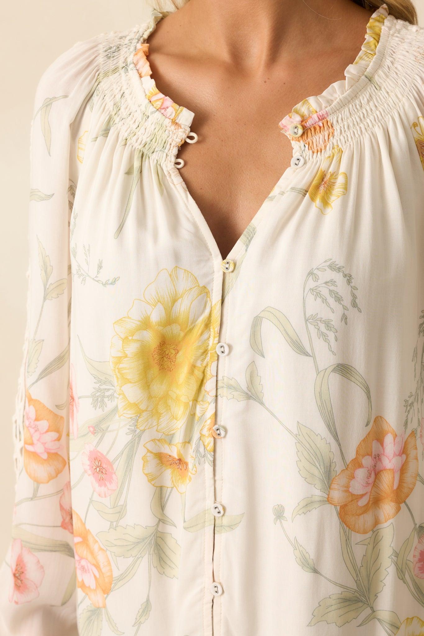 Just Winging It Ivory Multi Floral Print Rayon Long Sleeve Blouse Product Image