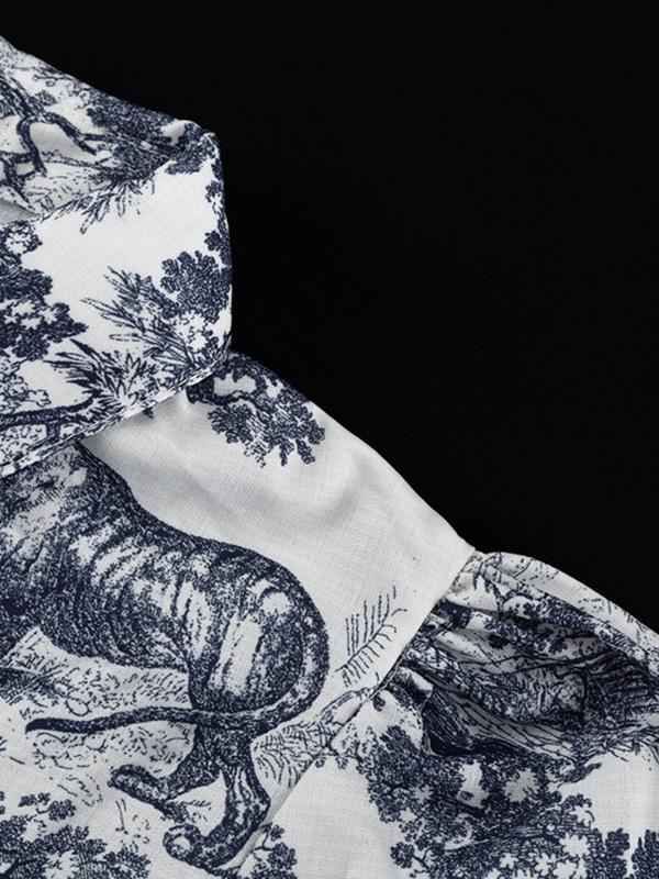 Loose Puff Sleeves Pleated Printed Split-Joint Tied Waist Lapel Mini Dresses Shirt Dress Product Image