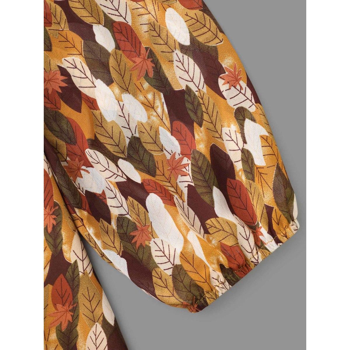 Plus Size Multicolor Leaves Print Ruffle Trim Slit Hem Blouse Women Elegant Long Sleeve V-neck Everyday Blouses BloomChic 18-20/2X Product Image