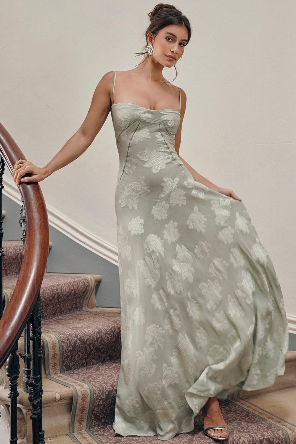 Seren  pistachio floral lace back maxi dress Product Image