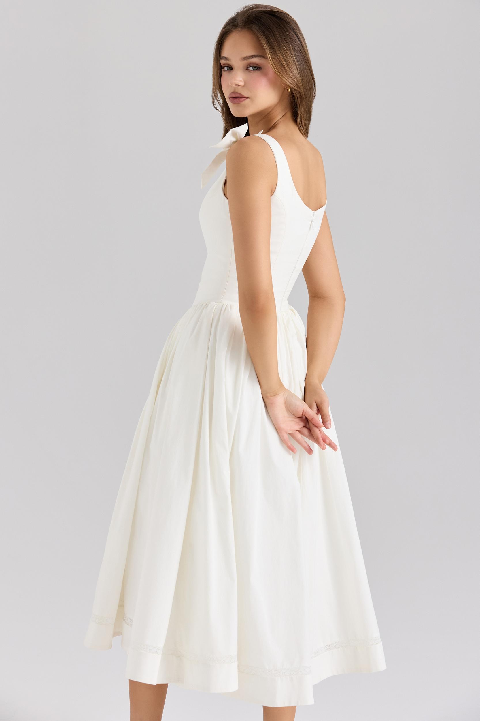 Lillia  white stretch cotton bow midi dress Product Image