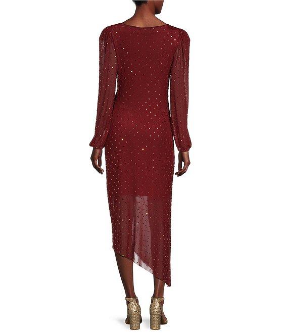 Alex Marie Belle Beaded Mesh High Boat Neck Puff Shoulder Long Sleeve Ruched Waist Asymmetrical Flounce Midi Dress Product Image