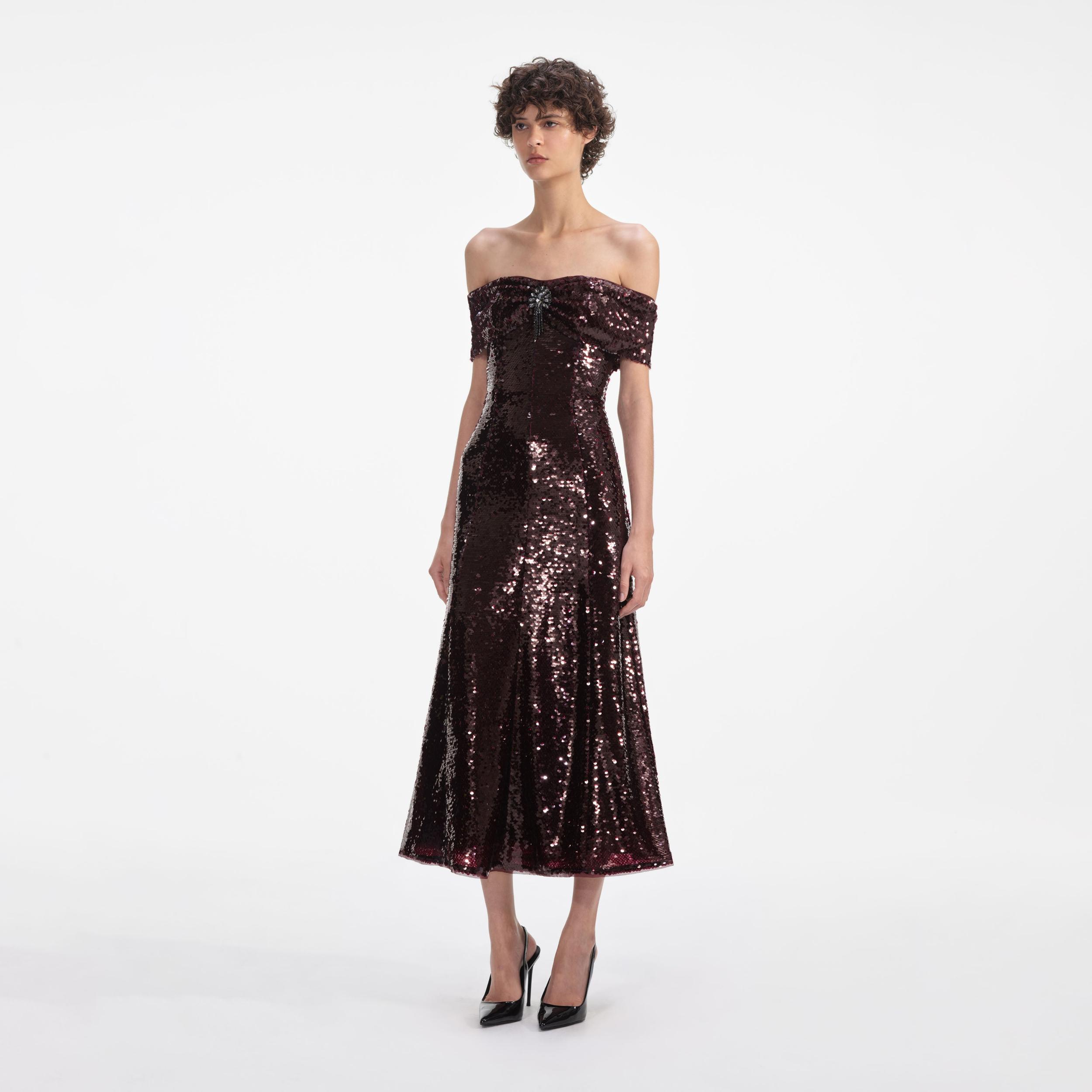 Brown Sequin Off Shoulder Midi Dress Product Image