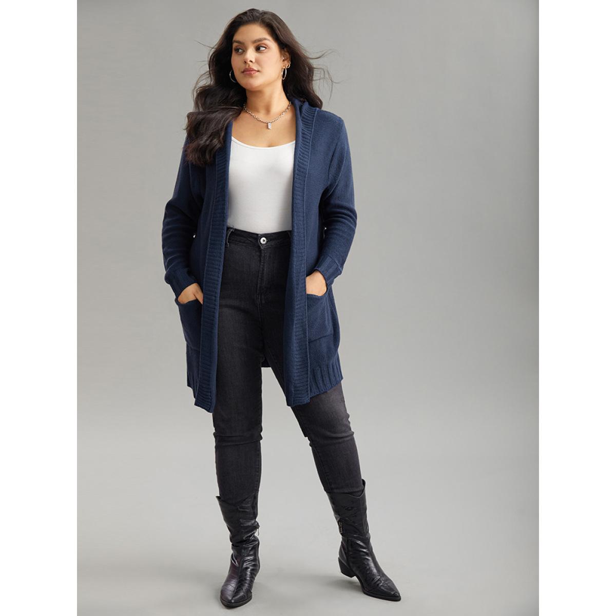 Plus Size Plain Texture Pocket Hooded Cardigan Aegean Women Casual Loose Long Sleeve Dailywear Cardigans BloomChic 10/M Product Image