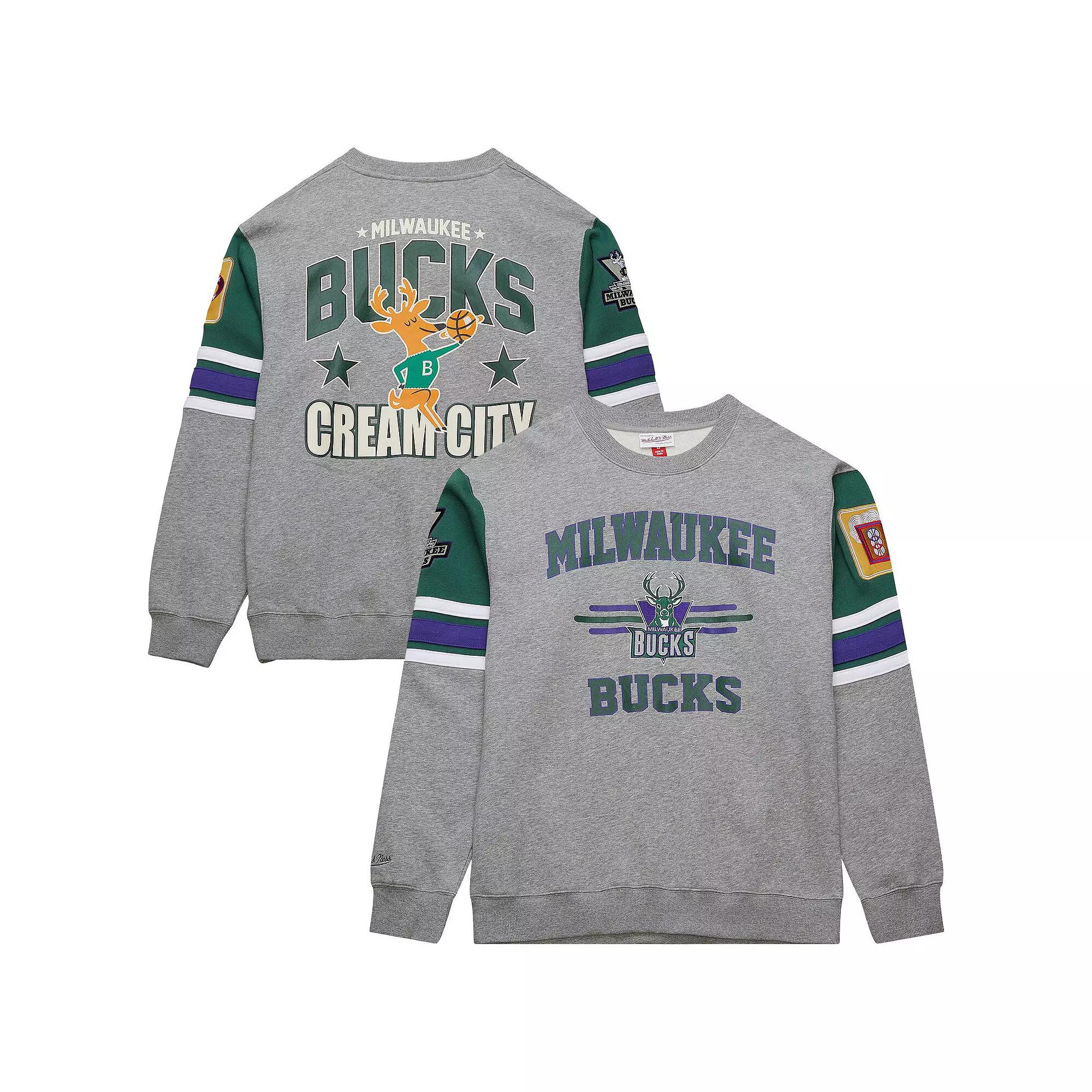Men's Mitchell & Ness Heather Gray Milwaukee Bucks Hardwood Classics All Over 4.0 Pullover Sweatshirt, Size: XL, Grey Product Image