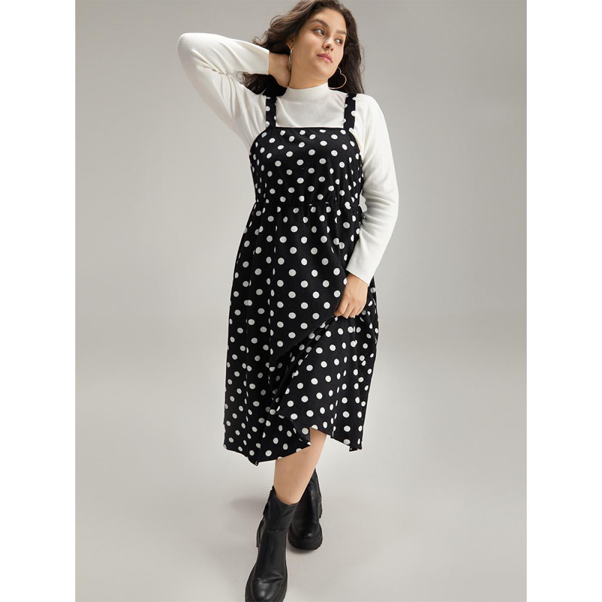 Plus Size Polka Dot Pocket Cami Dress Black Women Elegant Adjustable Straps Spaghetti Strap Sleeveless Curvy Midi Dress BloomChic 10/M Product Image