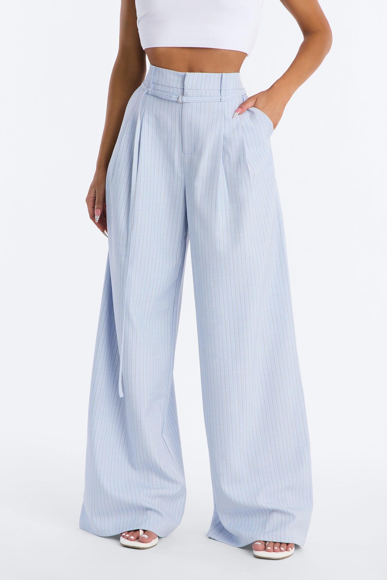 Old Money Feel Pinstripe Belted Trouser Pant 33″ - Blue Female Product Image