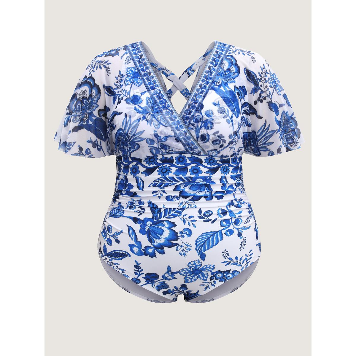 Plus Size Ruched Sheer Floral One-Piece Swimsuit Women's Swimwear Indigo Resort Gathered Curve Bathing Suits High stretch One Pieces BloomChic 26/4X Product Image