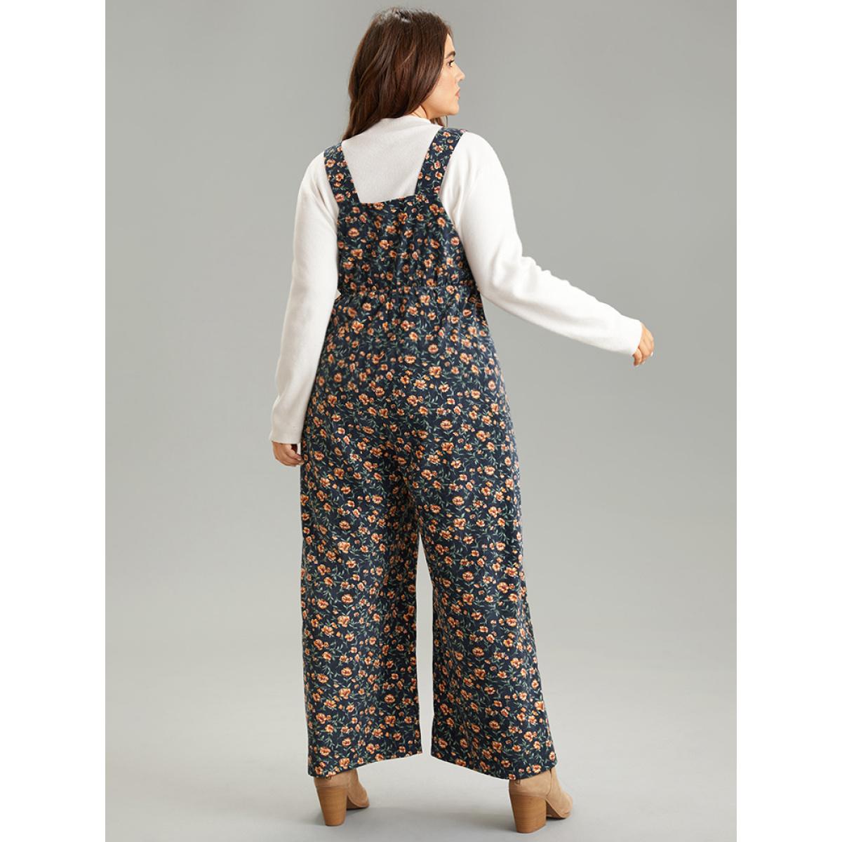Plus Size Indigo Ditsy Floral O Ring Zipper Corduroy Jumpsuit Women Casual Sleeveless Spaghetti Strap Everyday Loose Jumpsuits BloomChic 22-24/3X Product Image