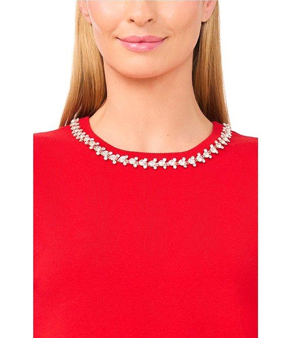 CeCe Knit Round Neck Short Sleeve Embellished Top Product Image