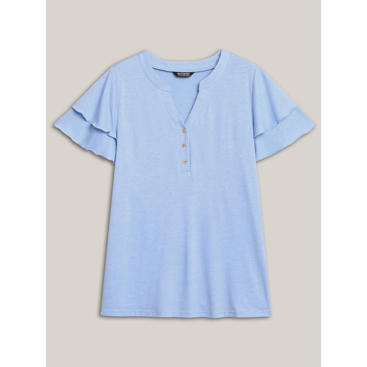 Plus Size Layered Lotus Leaf Sleeve Plain T-Shirt LightBlue Women Leisure Button Notched collar Casual T-shirts BloomChic 22-24/3X Product Image