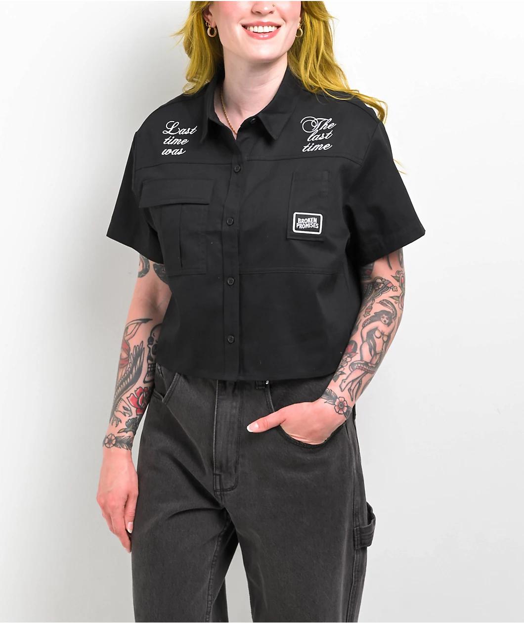 Broken Promises Last Time Black Crop Work Shirt Product Image