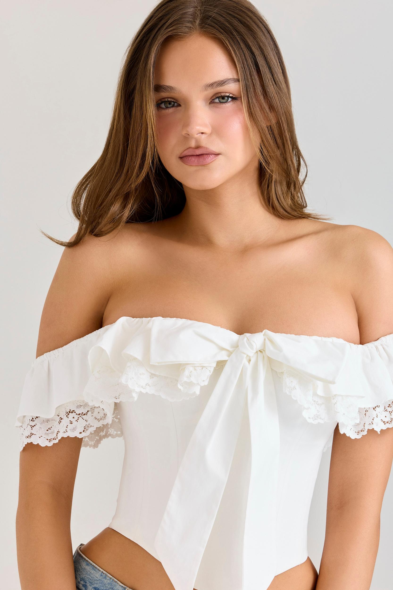 Aria  white stretch cotton off-the-shoulder frill corset Product Image