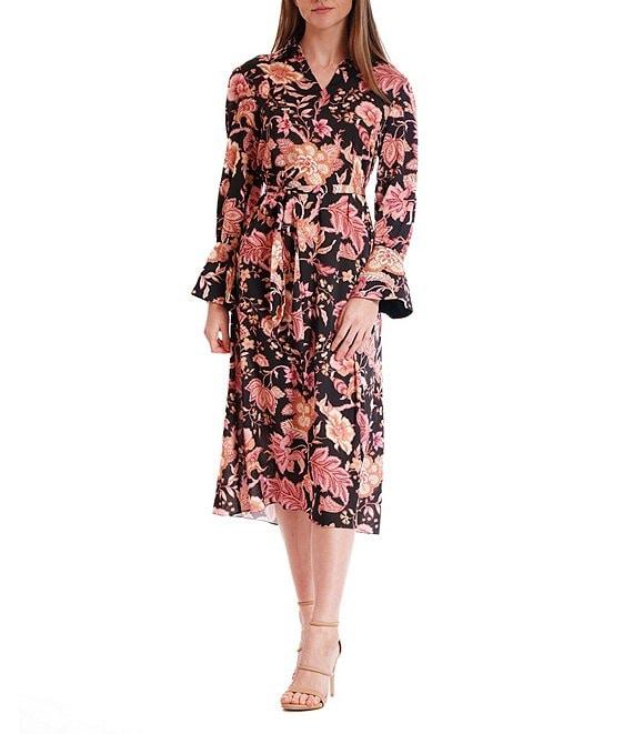 Julia Jordan Floral Print Collar Neckline Long Flutter Sleeve A-Line Midi Dress Product Image