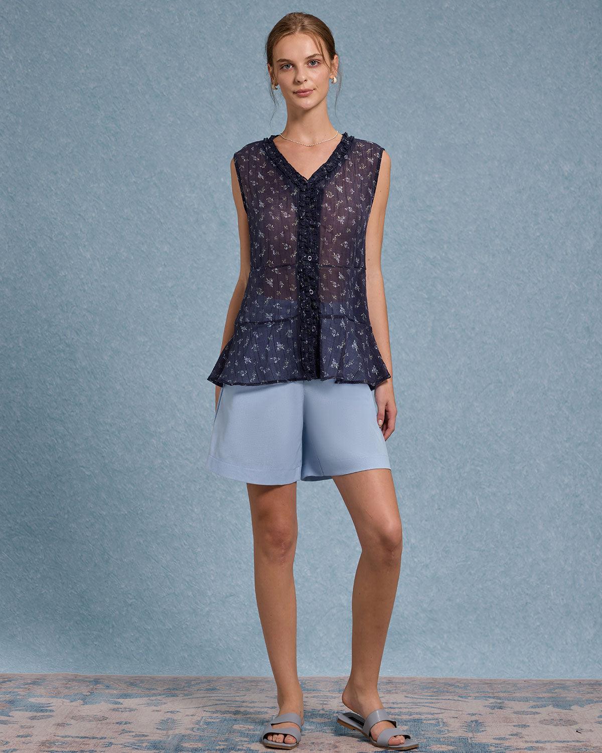 Blue Floral V Neck Button Tank Top Product Image